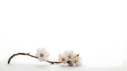 A minimalist composition featuring a small branch with delicate white flowers on a bright white surface.