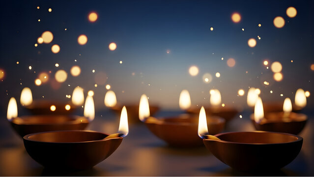 Traditional clay oil lamps with flickering flames glowing against a dark, bokeh-filled festive background.