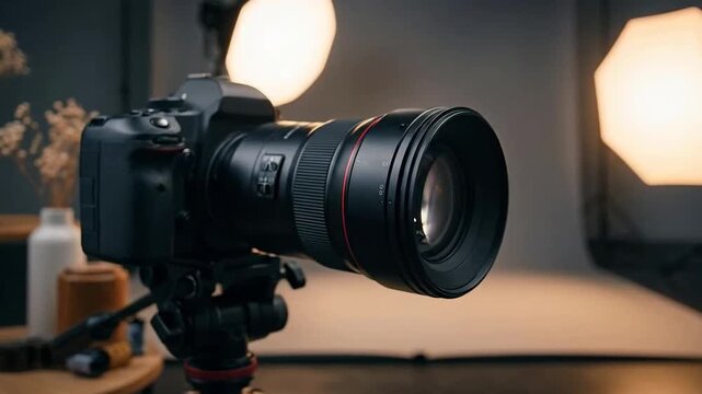 Professional digital camera on tripod in studio setting with lighting equipment, ready for photography.