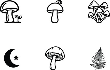 black and white illustrations of mushrooms and plants with moon and star