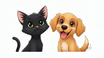 Fototapeta premium Adorable Cat and Dogs Cartoon Characters Standing Together