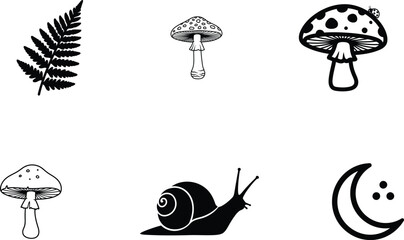 Black and white illustrations of mushrooms snail fern and moon