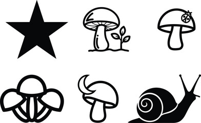 black and white illustrations of mushrooms snails and a star