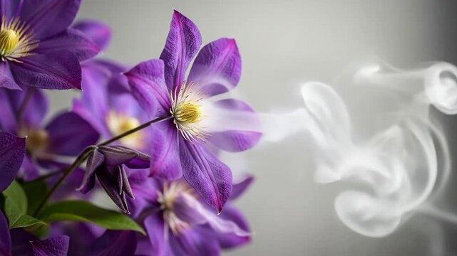 Close-up of vibrant purple clematis flowers with delicate white smoke on a soft background.
