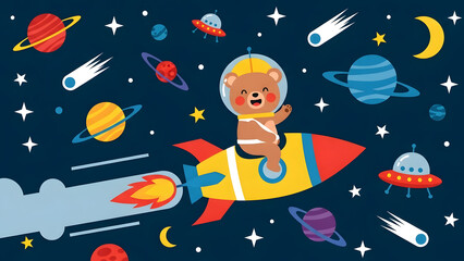 Cute teddy bear astronaut flying through colorful space filled with planets