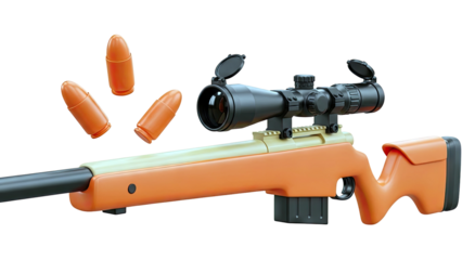 Orange sniper rifle with scope and ammunition
