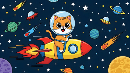 Fototapeta premium Adorable Cartoon Cat Astronaut Exploring Outer Space on Rocket Ship in