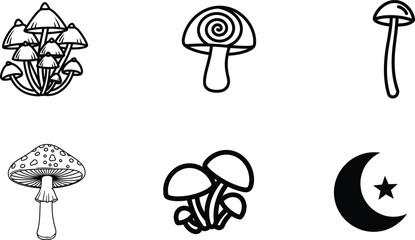 Black and white illustrations of various mushrooms and a crescent moon with star