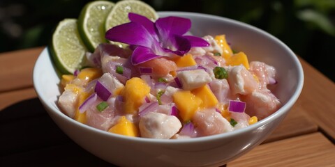 Ceviche in a white bowl with mango, red onion, lime wedges, and purple flower garnish