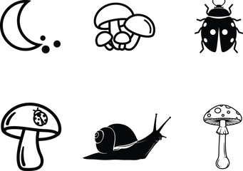 Black and white illustrations of various garden creatures and fungi  moon snail beetle mushrooms