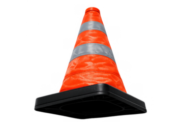 Collapsible orange traffic cone with reflective stripes indicating construction, road work, or hazardous area