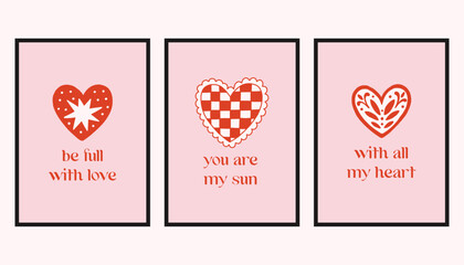 Vector set of romantic cards with decorative hearts and handwritten love quotes. Cute Valentine designs in soft pink and red, perfect for greeting cards, prints, and gifts.
