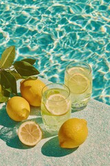 Obraz premium Refreshing Summer Drinks by the Poolside with Bright Lemons and Clear Water