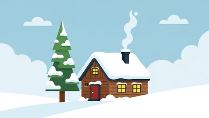 Fototapeta premium A cozy brown wooden house with snow on the roof and a pine tree beside it under a blue sky with clouds