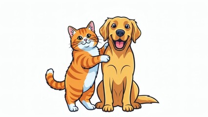 Obraz premium Adventurous Cat and Dogs Cartoon Friends Having Fun Together Outdoors in a Sunny Park Illustration