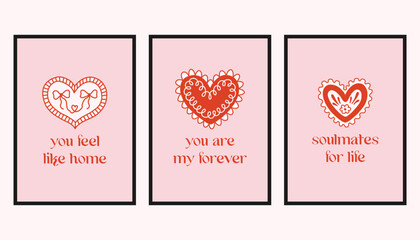 Vector set of romantic cards with decorative hearts and handwritten love quotes. Cute Valentine designs in soft pink and red, perfect for greeting cards, prints, and gifts.