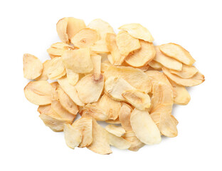 Pile of dried garlic flakes isolated on white, top view