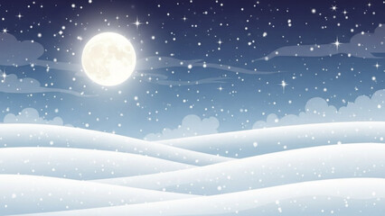 Naklejka premium Snowy landscape under a bright full moon with stars and clouds in a dark blue night sky