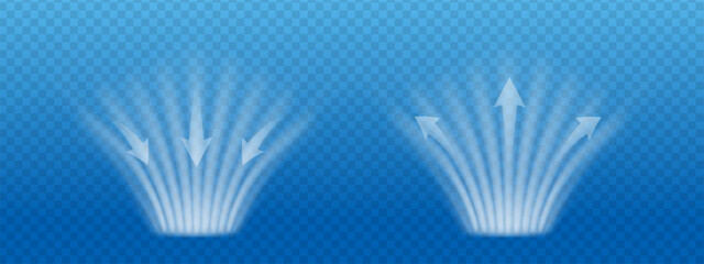 Dynamic airflow arrows and blue wind waves show a powerful cooling effect with fresh speed. Transparent spray lines and frozen steam curves illustrate air purification and high tech suction power.