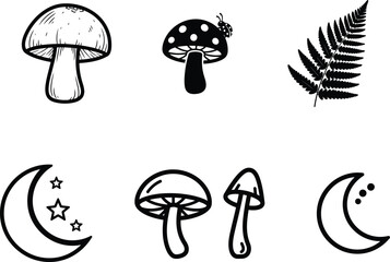 Mushrooms crescent moon and stars fern leaf illustrations
