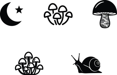 Black silhouettes of mushrooms and a snail on white background