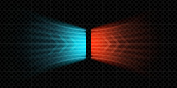 Red and blue air arrows show hot and cold temperature currents for HVAC systems. This isometric airflow vector demonstrates heat and cooling cycles with clean digital lines for climate control tech.