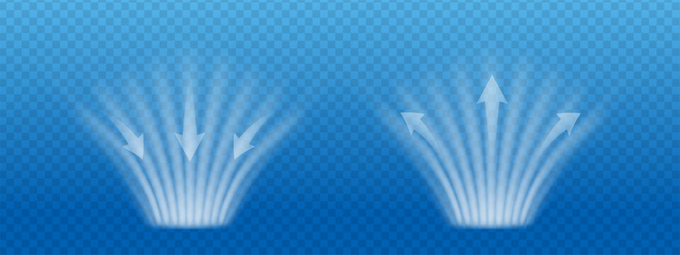 Dynamic airflow arrows and blue wind waves show a powerful cooling effect with fresh speed. Transparent spray lines and frozen steam curves illustrate air purification and high tech suction power.