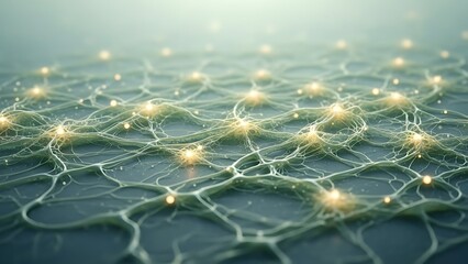 Abstract representation of a neural network with glowing nodes and interconnected pathways, symbolizing complex connections and data processing
