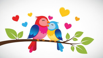 Two colorful birds kissing on a branch with hearts around them