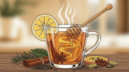 A steaming mug of cinnamon tea with honey and lemon on a wooden table with spices