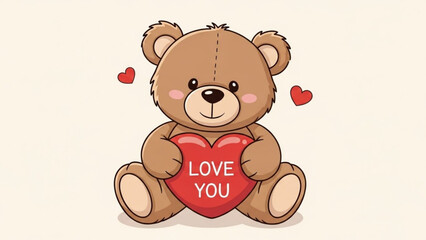 Cute brown teddy bear holding a red heart with love you text and surrounded by small hearts on white background