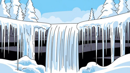 Frozen waterfall with icicles hanging from rocky cliffside surrounded by snow covered pine trees under blue sky