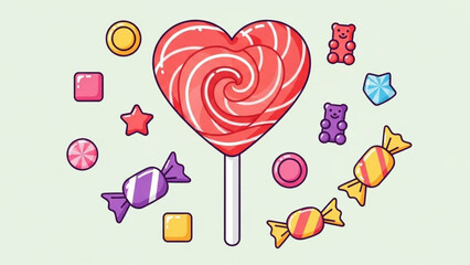 Colorful heart shaped lollipop surrounded by assorted candies on pale background