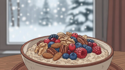 A bowl of oatmeal topped with nuts and berries on a wooden table by a snowy window with lights