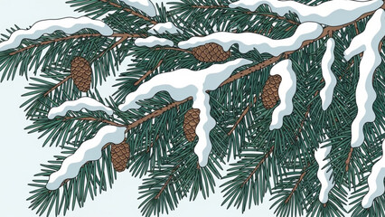 Snowy pine tree branch with cones on white background