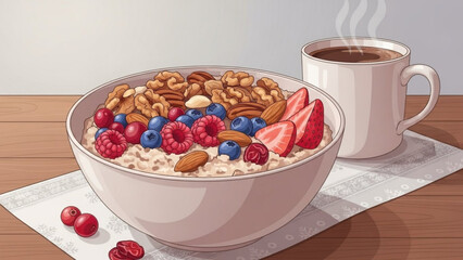 A bowl of oatmeal with nuts and fresh berries next to a steaming cup of coffee on a wooden table