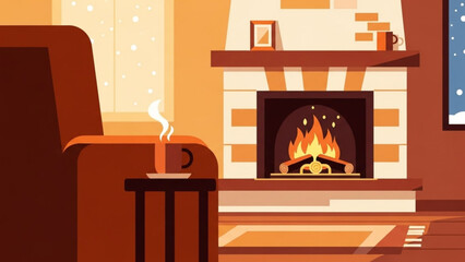 A cozy living room with a warm fireplace and a steaming cup of coffee on a side table beside a comfortable armchair