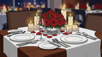 Romantic candlelit dinner table with red roses and fine china for two people in a restaurant