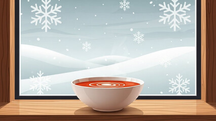 A steaming bowl of red soup sits on a wooden windowsill with a snowy winter landscape and snowflakes outside the window