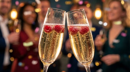 Cheers to Celebration: Two champagne flutes clink together, the bubbling liquid inside adorned with fresh raspberries, against a blurred backdrop of joyous faces and festive confetti.