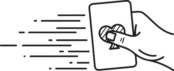 A minimalist line-art vector illustration of a hand holding an Ace of Spades playing card with motion lines, symbolizing fast gaming, magic tricks, or gambling success. © Muhammad