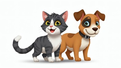 Obraz premium Cat and Dogs Cartoon Characters Standing Together in a Friendly Pose