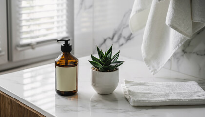 Minimalist bathroom vanity with glass soap bottle and succulent on marble countertop