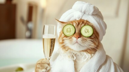 Cat enjoys spa day with cucumbers on eyes and champagne in cozy bathrobe and turban after bath and grooming session