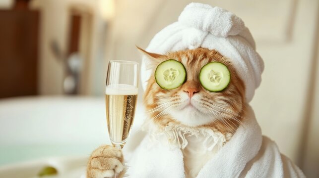 Cat enjoys spa day with cucumbers on eyes and champagne in cozy bathrobe and turban after bath and grooming session - Powered by Adobe