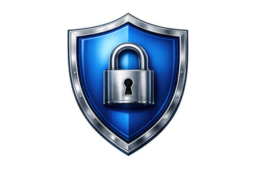 Blue security shield with padlock representing data protection, network safety, and privacy on a transparent background