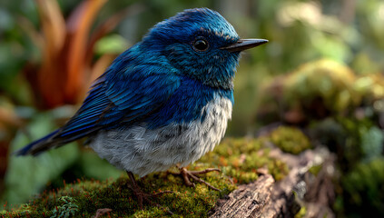 Naklejka premium Ultramarine Flycatcher cute blue bird perching on top mossy stick over far