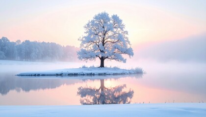 Tranquil winter scene with a frosted tree on an island reflecting in calm water
