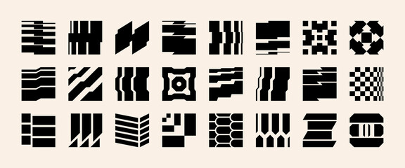 Abstract brutalist logos and punk geometry icons showcase a minimalist y2k cyberspace style. Retro futuristic symbols and grunge geometric forms combine for a contemporary brutalism design set.