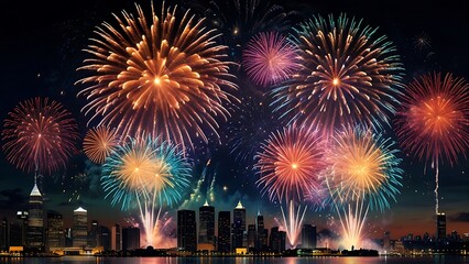 New Year Fireworks Lighting the Night Sky Above a City Skyline
